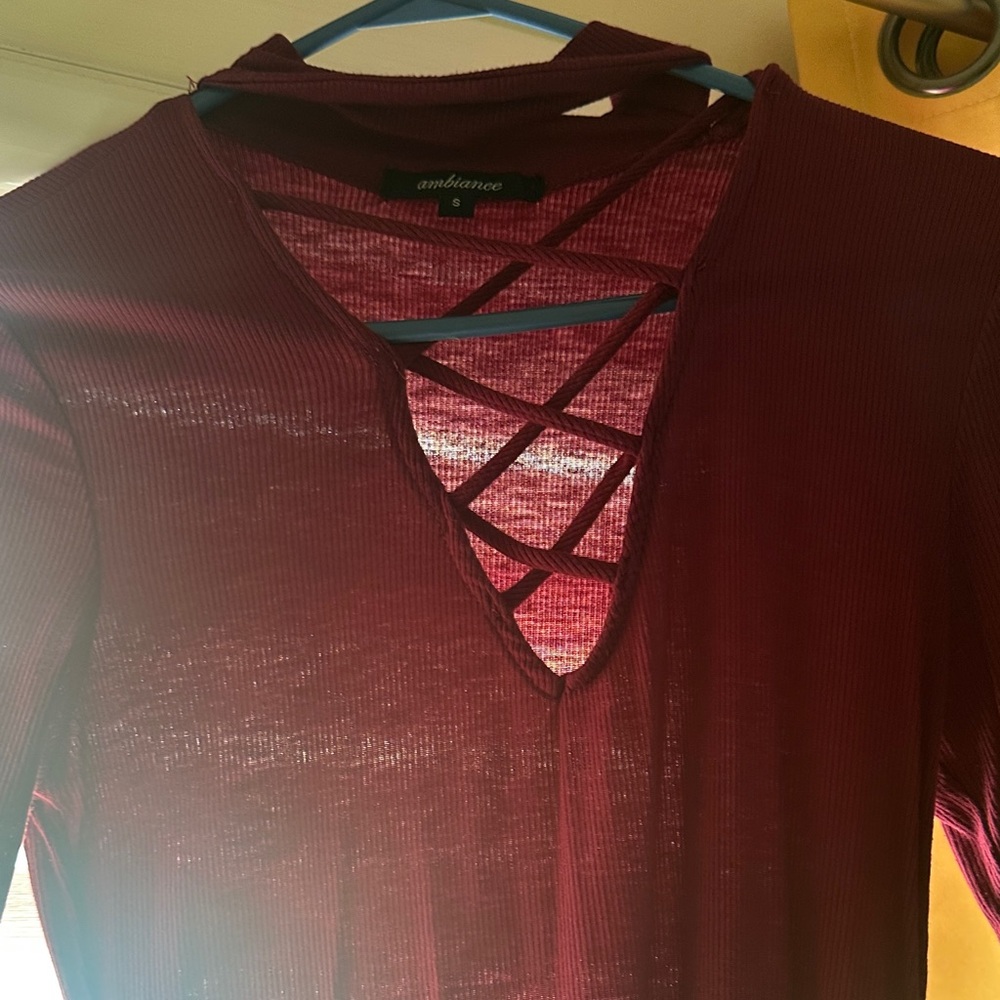 Ambiance Maroon Crisscross Long Sleeve Top